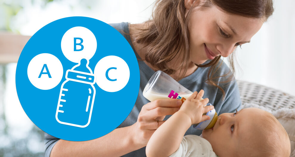 A woman feeds a baby with a bottle, while a graphic illustrates the ABCs of baby feeding.