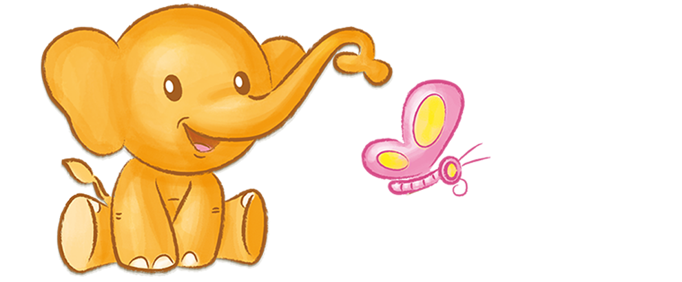 An elephant and a butterfly are depicted in a friendly interaction.
