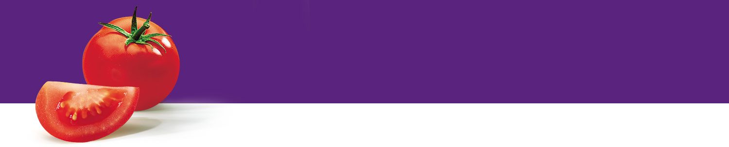 A tomato and a slice of tomato are presented against a purple background.