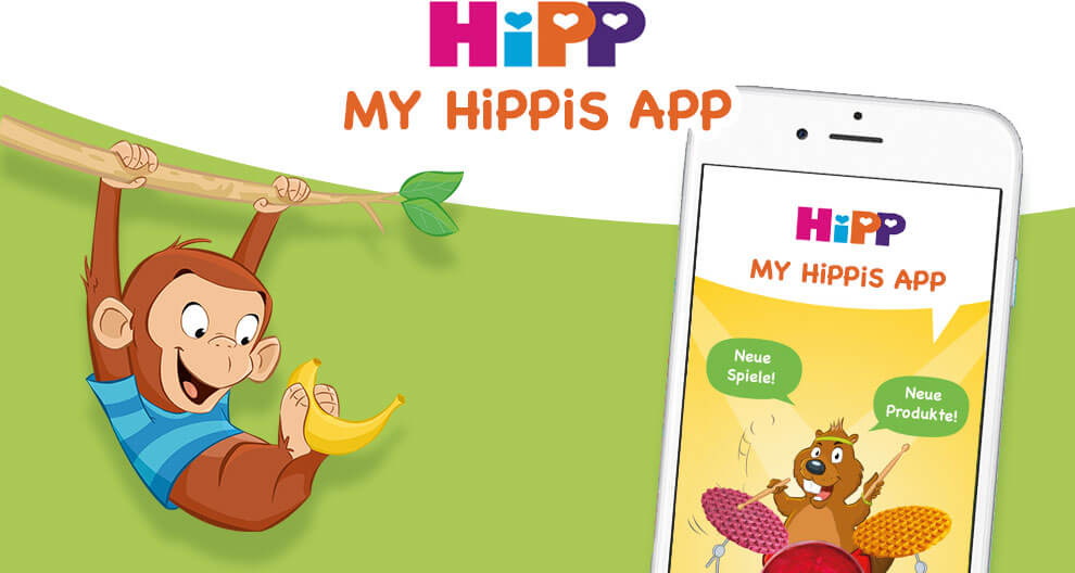 A cartoon monkey holding a banana and a smartphone displaying a mobile app with a bear playing drums.