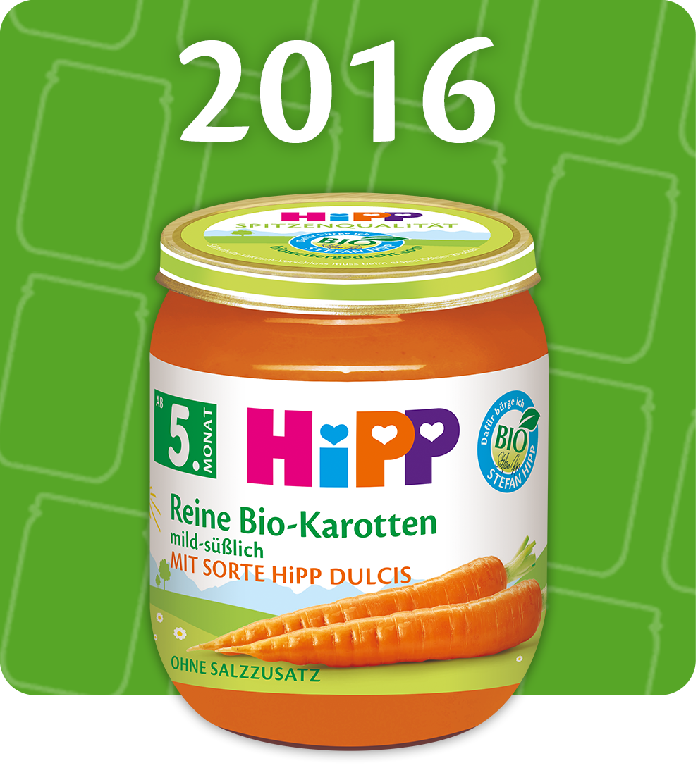 A 2016 calendar page featuring a jar of Hipp organic carrot baby food.